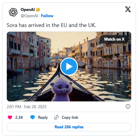 OpenAI的视频生成模型Sora现已在欧洲上线
