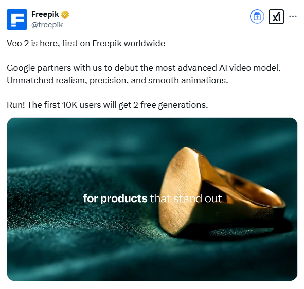 Google“核弹级”AI视频模型Veo2在Freepik首发前10000名用户可白嫖