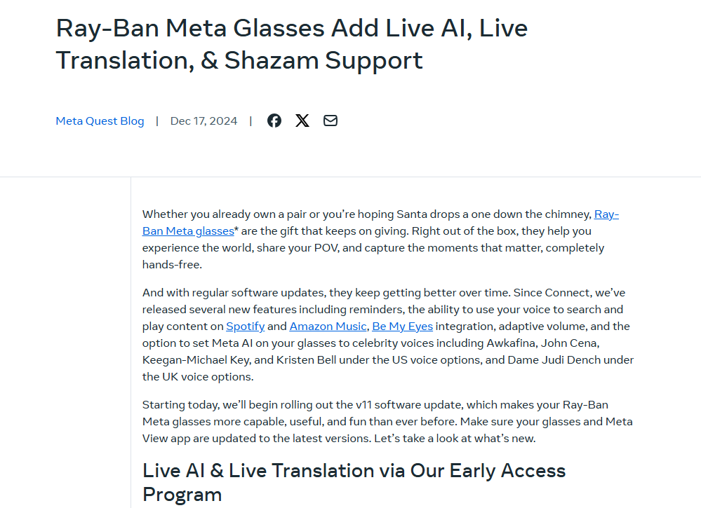 ​Meta智能眼镜Ray-BanMeta升级：实时AI视频与翻译功能
