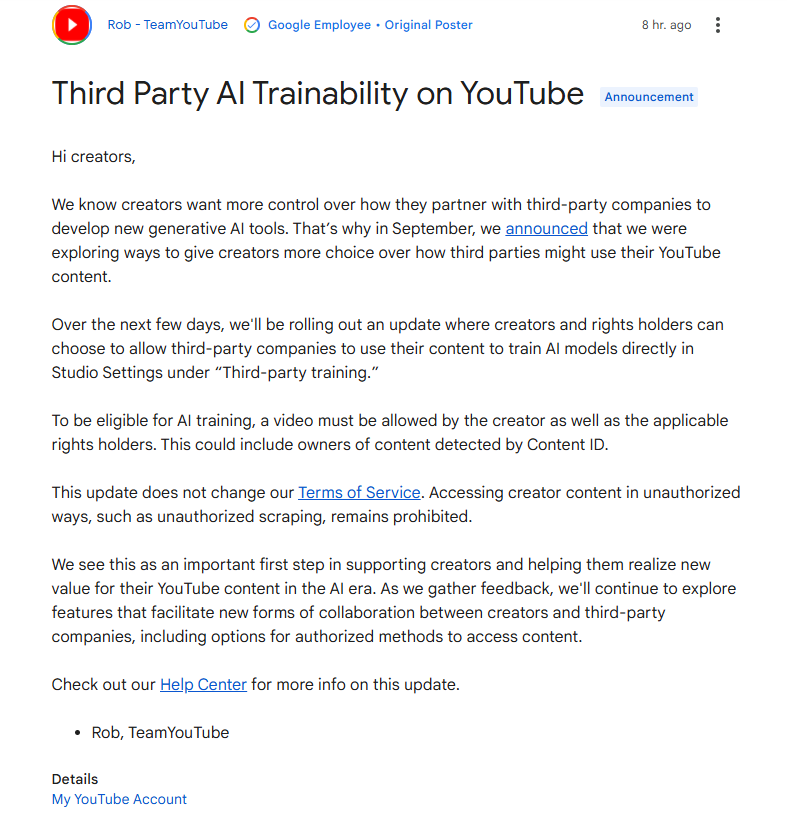​YouTube新功能上线:允许创作者授权第三方使用视频训练AI