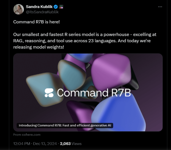 Cohere推出CommandR7B模型：小型高效，可在低端设备运行