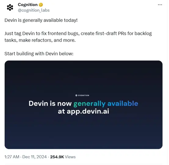 ​全球首个AIAgent程序员Devin全面开放使用，月费高达500美元