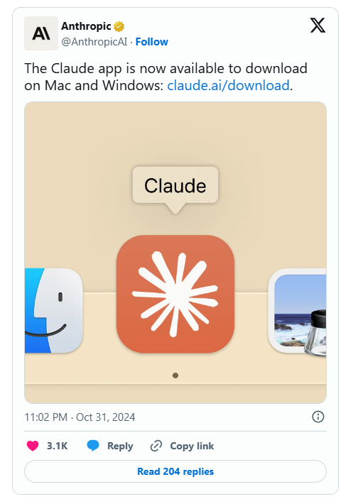 Anthropic推出Claude桌面应用，Mac和Windows版本都有