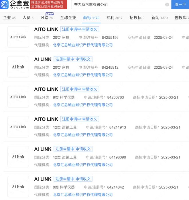 赛力斯申请Ailink商标